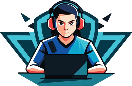 Young gamer focused on gaming performance while wearing headphones and using a laptop vector