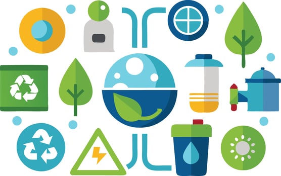 illustration showcasing ecological themes with recycling symbols, green leaves, and renewable energy icons vector