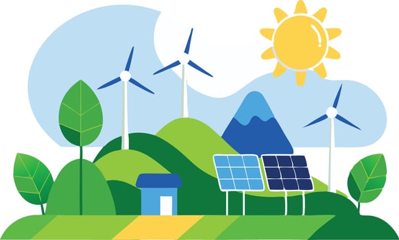 illustration of a sustainable landscape with wind turbines, solar panels, and a sunny sky showcasing renewable energy vector
