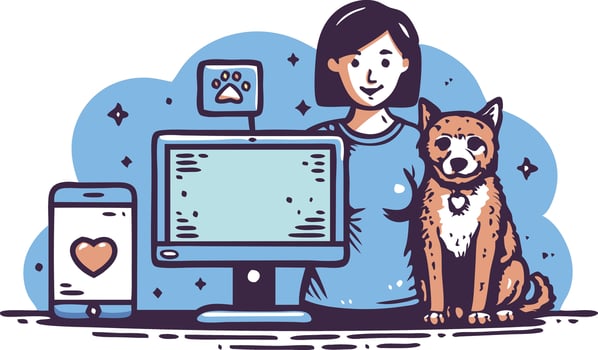 A woman stands in front of a computer and a smartphone with a dog by her side. The computer and phone display paw prints and a heart, respectively vector