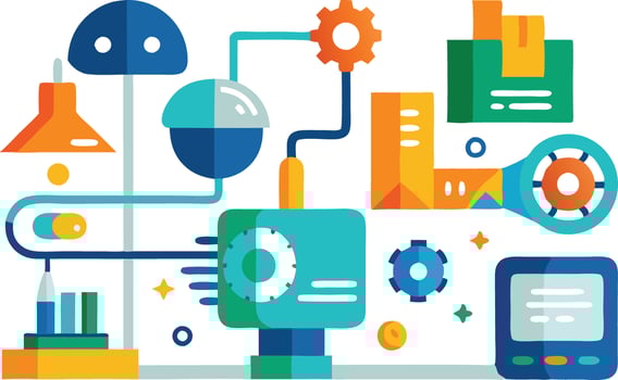 Colorful illustration of a creative workspace with gears, lamps, and digital devices showcasing innovation and productivity vector