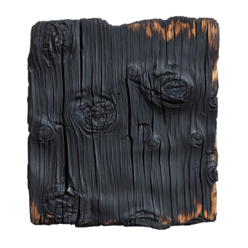 Charred wood piece with distinct textures and knots set against a clean backdrop, burned black wood on transparent background png