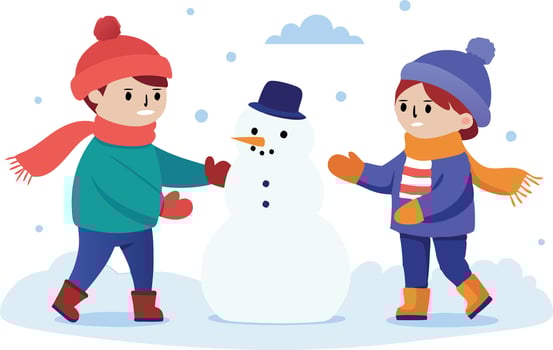 Children building a snowman together in a winter landscape vector