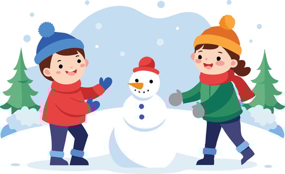 Children building a snowman in a winter wonderland with pine trees vector