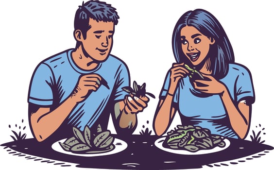 Couple enjoying a meal together outdoors, sharing dishes and tasting fresh ingredients i vector