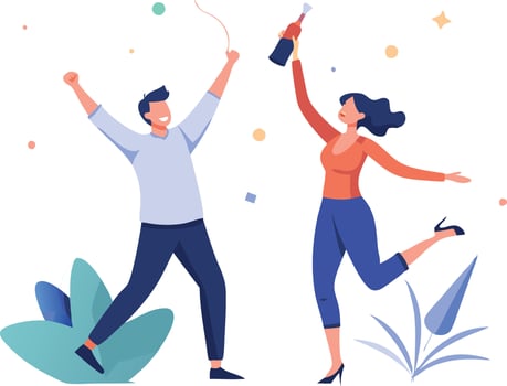 Two Friends Celebrate, Pop Champagne and Enjoy a Festive Moment Together. vector