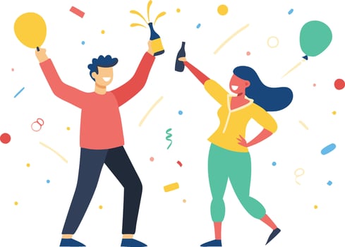 Celebration scene with two friends raising bottles and balloons at a festive party vector