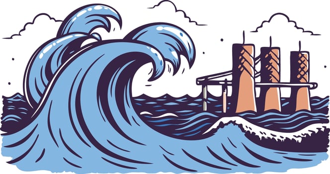 illustration of ocean waves crashing near an oil rig vector
