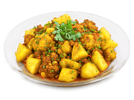 Aloo Gobi Masala with potatoes and cauliflower in a spicy sauce served on a transparent png