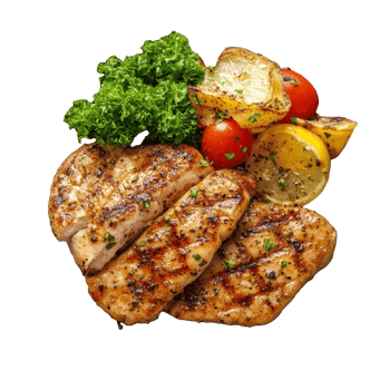 Delicious grilled chicken steak accompanied by fresh vegetables on a sleek black plate, perfect for a healthy meal, chicken steak on black plate on transparent background png