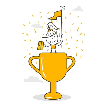 Cheerful businesswoman raising flag on winner cup. vector