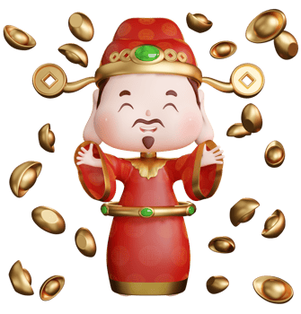 3D rendering illustration of cute traditional god of wealth and many falling gold ingots png