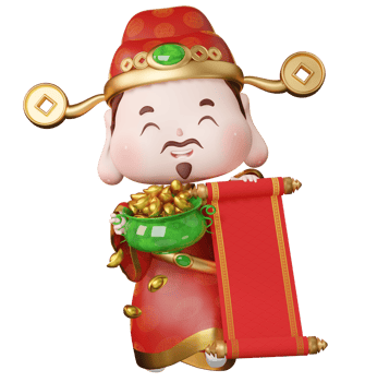 3D rendering illustration of cute traditional god of wealth holding a cornucopia with a red scroll png