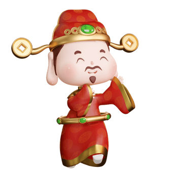 A cute 3D rendering of the God of Wealth wearing red clothes png