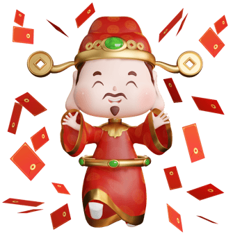3D rendering illustration of cute traditional god of wealth and many falling red envelopes png