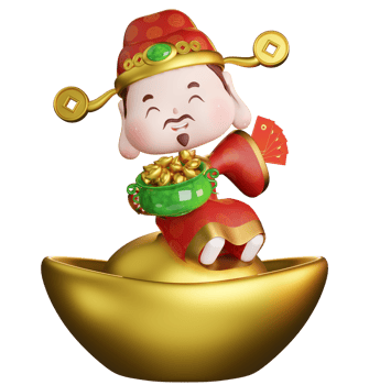 3D rendering illustration, cute traditional god of wealth sitting on a big gold ingot holding red envelopes png