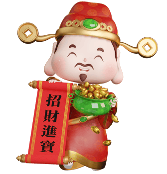 3D rendering illustration of cute traditional god Wealth holding a cornucopia with a red scroll, Chinese characters for attracting wealth png