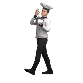 Male Chef 3D A male chef is walking while carrying a covered serving plate and making an OK gesture with his hand. Professional png