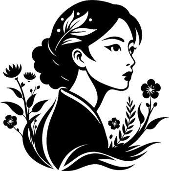 Captivating Woman with Black Flower Stencil Art. . png
