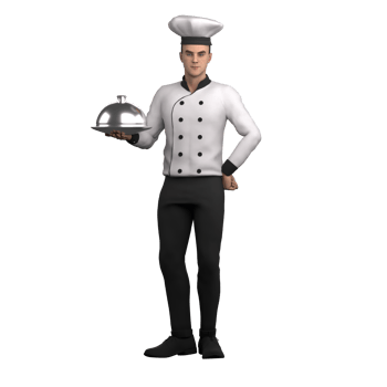 Professional Male Culinary Character. A male chef stands holding a serving tray covered with a cloche with his right hand while his left hand is on his waist. 3D Chef png
