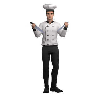 Male Chef in Culinary 3D. A male chef stands holding two large knives in both hands. Professional png