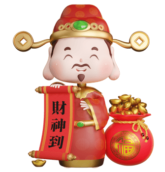 3D rendering illustration, cute traditional god God of Wealth with a lucky bag with many gold ingots, Chinese character is God of Wealth arrives png