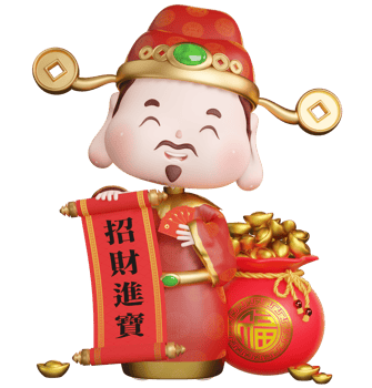 3D rendering illustration, cute traditional deity God of Wealth and a lucky bag with many gold ingots, Chinese characters are for attracting wealth and wealth png