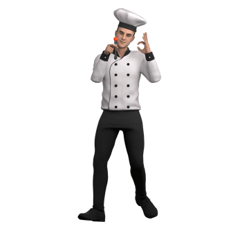 of Professional Male Chef. A male chef stands holding a fork with a tomato on it, while giving an OK gesture with his other hand. Cartoon png