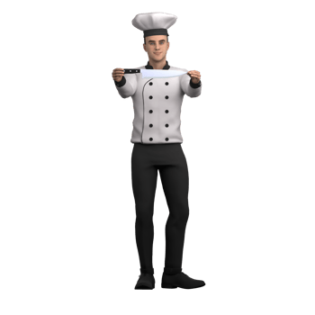 3D Male Chef in Action. A male chef stands with both hands holding a knife showing that the tool is an important part of his skills in the kitchen. Professional Culinary png