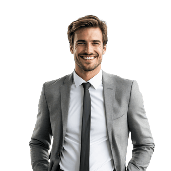 A confident businessman wearing a grey suit smiles warmly, exuding professionalism in a bright, isolated environment, confident smiling business man on transparent background png