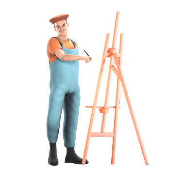 Male Painter Cartoon in 3D. A male painter stands in front of a canvas with a painting stand with his right hand holding a brush, as if he wants to paint. Studio Scene png