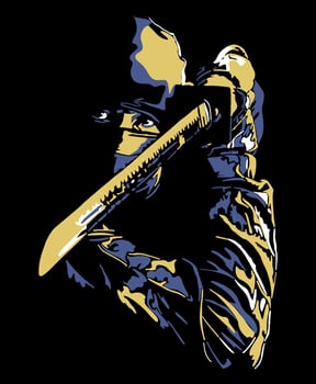 Isolated, high contrast illustration of ninja assassin with sword. vector