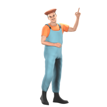of a Cartoon Painter. A male painter standing with one finger of his left hand pointing upwards. 3D Male Artist png