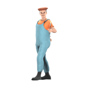 Male Painter 3D Cartoon. A male painter stands with his left hand holding a paintbrush while his right hand is bent behind his body. Artistic Environment png