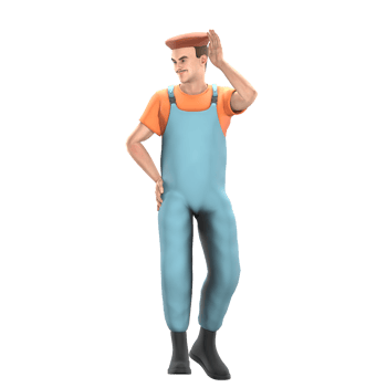 Professional Artistic Painter 3D. A male painter stands with his right hand in his pocket while his left hand is on his head. Male Cartoon Model png
