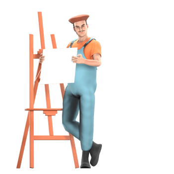 of Cartoon Painter. A male painter stands next to a painting stand with both hands holding a painting canvas. Art Enthusiast png