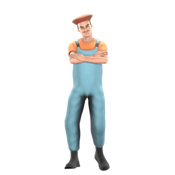 Male Cartoon Painter Creating. A male painter stands with his arms folded in front of his chest. 3D Art Scene png