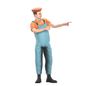 Animated Male Painter 3D. A male painter stands with his index fingers pointing to the left. Professional Art Model png