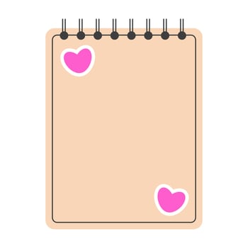 Spiral notebook with heart stickers. Sketchbook icon. Back to school, education concept. illustration isolated on a white background. vector