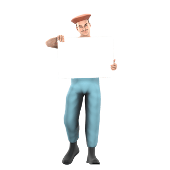 3D Art Expert Painter. A male painter stands with both hands holding the edge of the painting canvas. Cartoon Male Character png