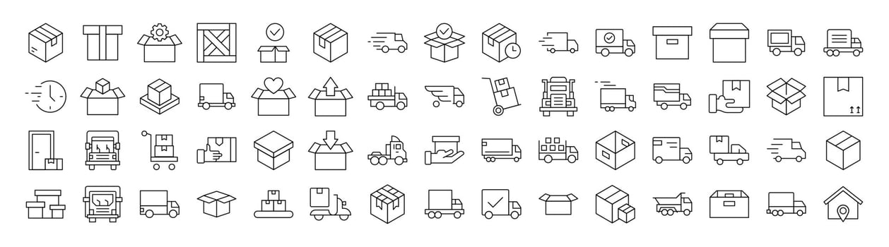 Delivery Line Icon Bundle. Modern Collection for Design, Web Sites, Apps, Cards. Contains Linear Images of Boxes and Vans vector