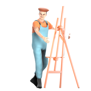 Artistic Painter 3D Model. A male painter stands with both hands holding a canvas with a painting stand. Vibrant Character Cartoon png