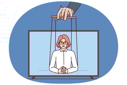 Manipulator hand over television reporter telling fake news from tv screen to misinformation vector