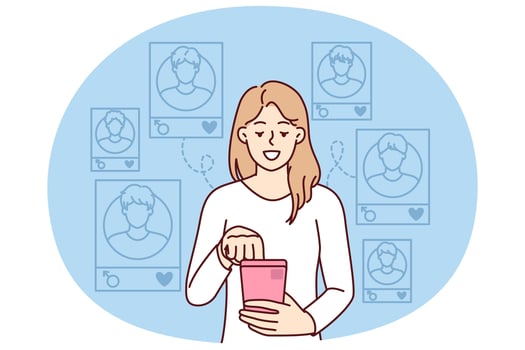 Woman with phone use application for online dating and find new boyfriend for serious relationship vector