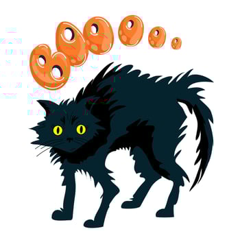 Black Cat arched says Boo Halloween illustration design element,sticker,print.Chloe black cat stands arched.Hand drawn illustration for Halloween concept vector