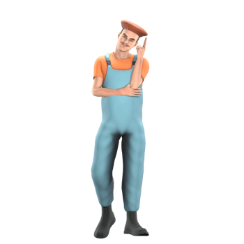 Male Painter in Art Setting. A male painter stands with his right hand under his left hand which is pointing to a hat. 3D Character Cartoon png