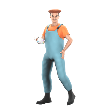 3D Art Character. A male painter stands with his right hand holding a painting palette while his left hand is on his waist. Male Painter Cartoon png