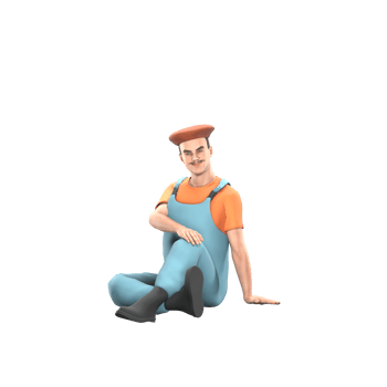 Male Artistic Painter 3D. A male painter sits on the floor with his right hand on his left knee while his left hand holds the floor. Professional png