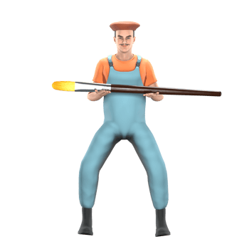 Illustrated Artistic Expert. A male painter stands in a horse stance while both hands hold large paint brushes. 3D Male Painter png