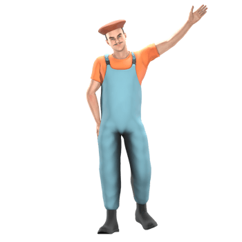 Male Artistic Painter 3D Model. A male painter stands with his right hand on his waist while his left hand is stretched out upwards with the palm facing up. Art Character png